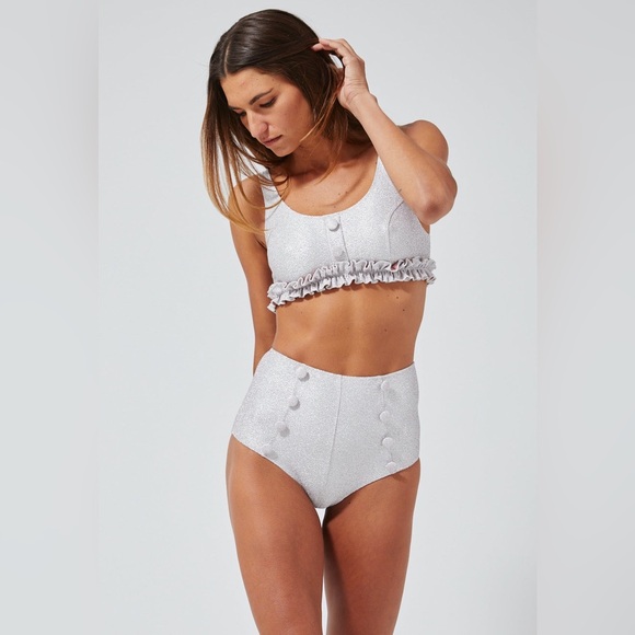 Lisa Marie Fernandez Colby High-Waist Bkini Silver & Pink Metallic Jacquard Sz 1 - Picture 9 of 16